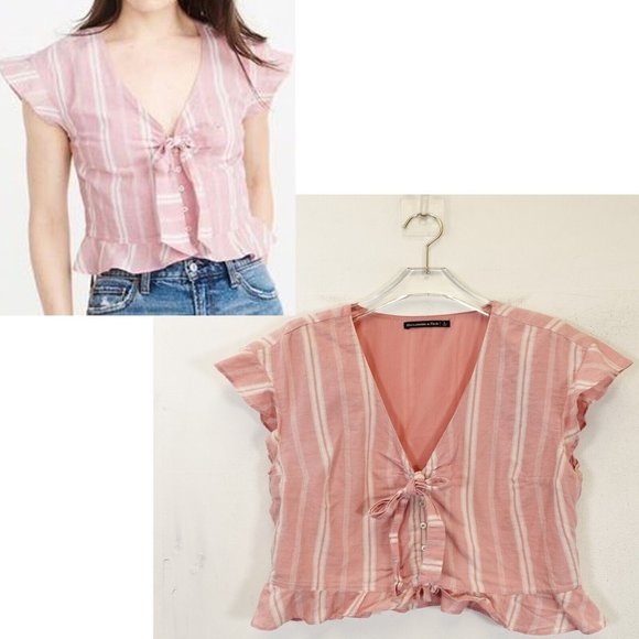 ABERCROMBIE & FITCH Women 100% Cotton Pink Ivory Top LARGE Stripe Ruffle Stretch - Picture 1 of 11